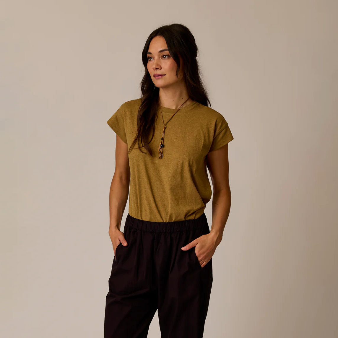 Astrid Hemp Tee in Golden Stripe shown on model on plain background.