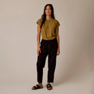 Astrid Hemp Tee in Golden Stripe shown on model on plain background.