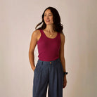 Ever Rib Tank in July Stripe shown on model on plain background.