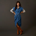 Carve Franny Lightweight Denim Dress in Magnolia shown on model on plain background.