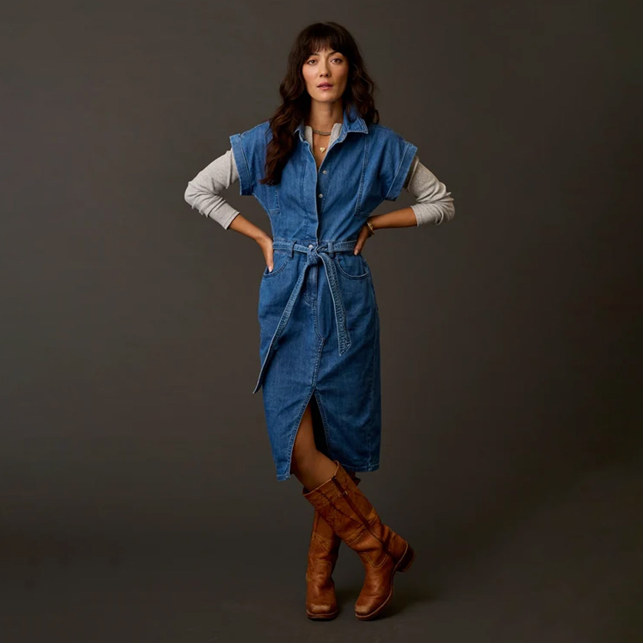 Carve Franny Lightweight Denim Dress in Magnolia shown on model on plain background.