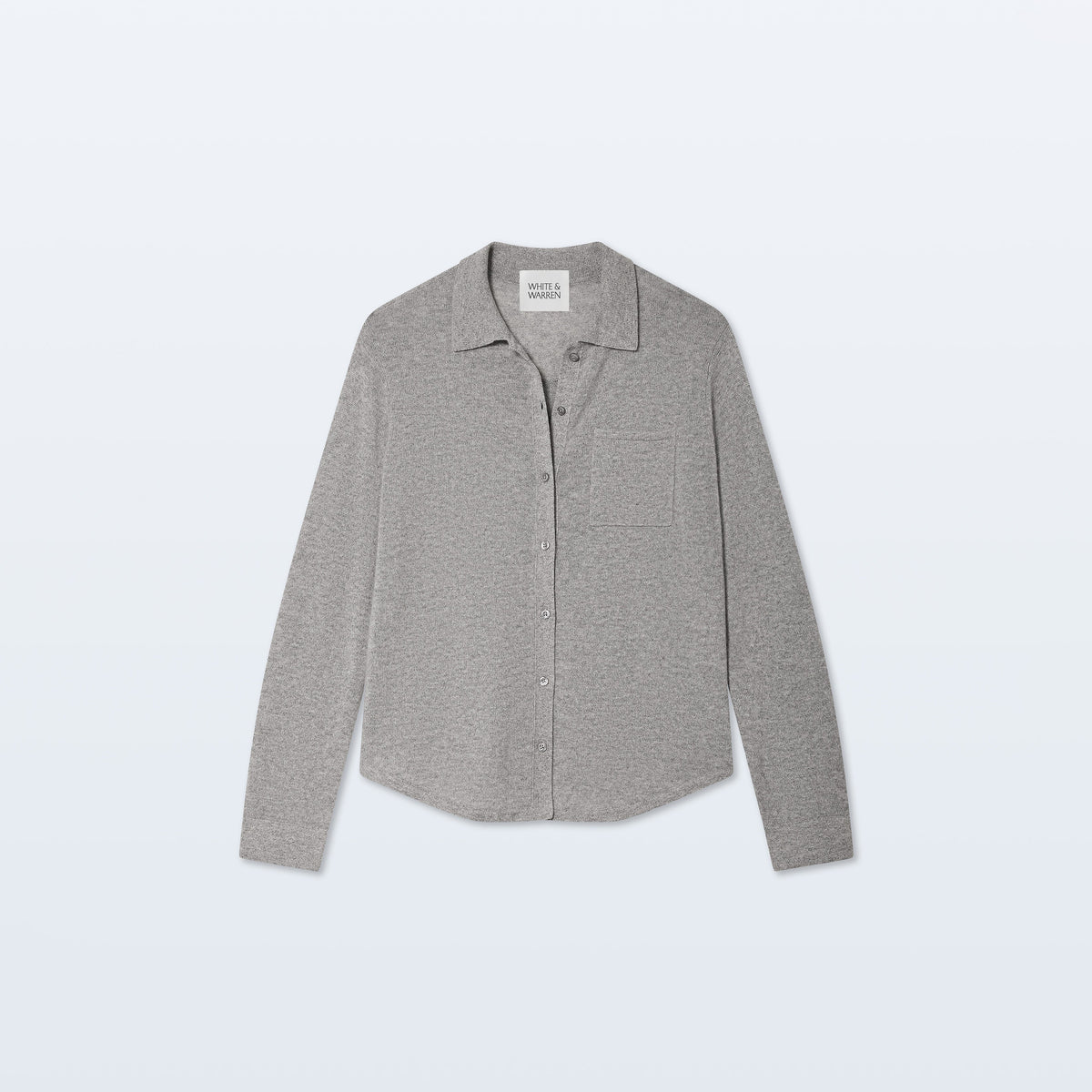 A light gray heathered knit button-up shirt with a collar and chest pocket, displayed flat against a light gray background.