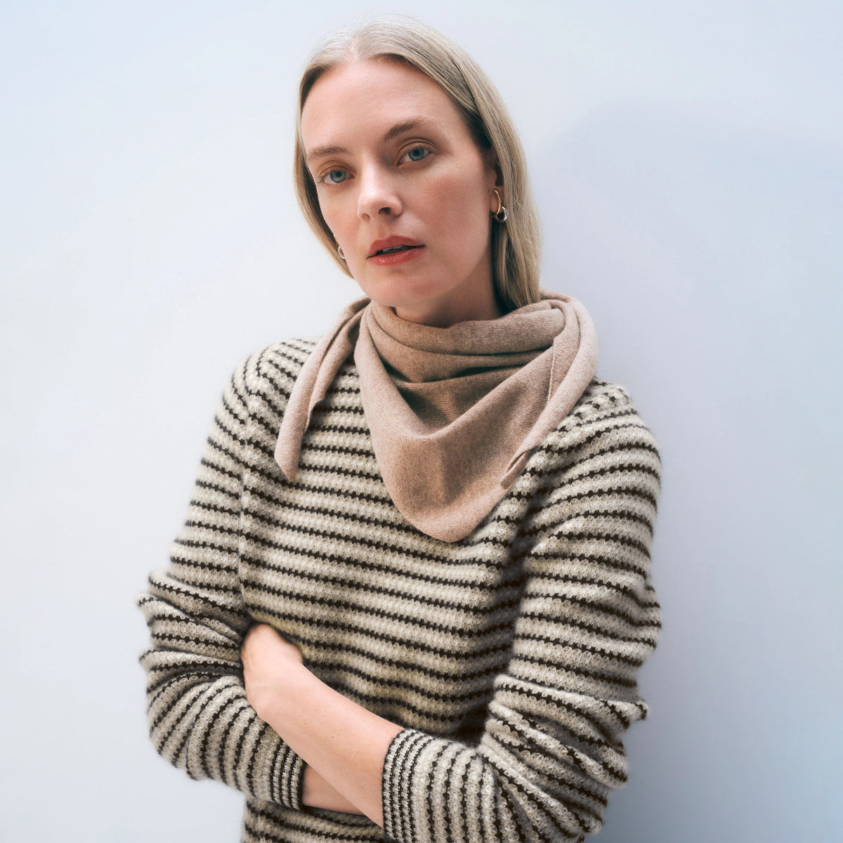 Cashmere Neckerchief in Muted Camel on a model at Addison West