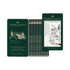 Faber-Castell 12 Design Set 9000 graphite pencils in a dark green metal tin, shown with the lid open and the pencils aligned in the center against a white background.
