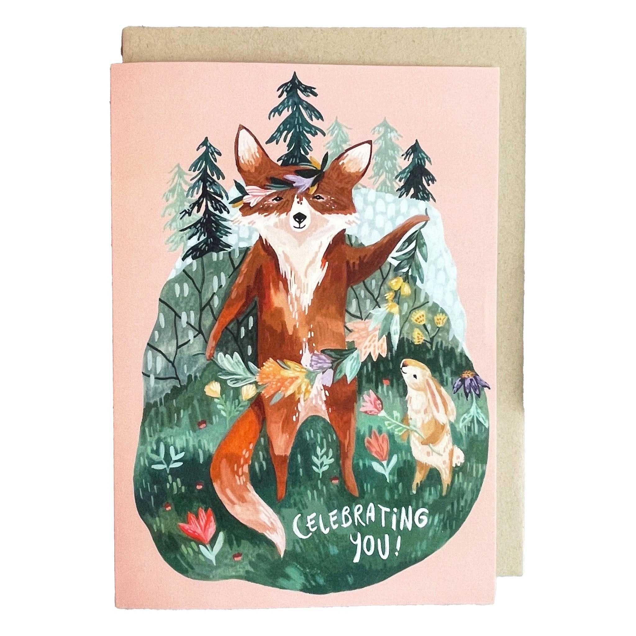 Illustrated greeting card with fox and rabbit and words 'celebrating you!' on a white background