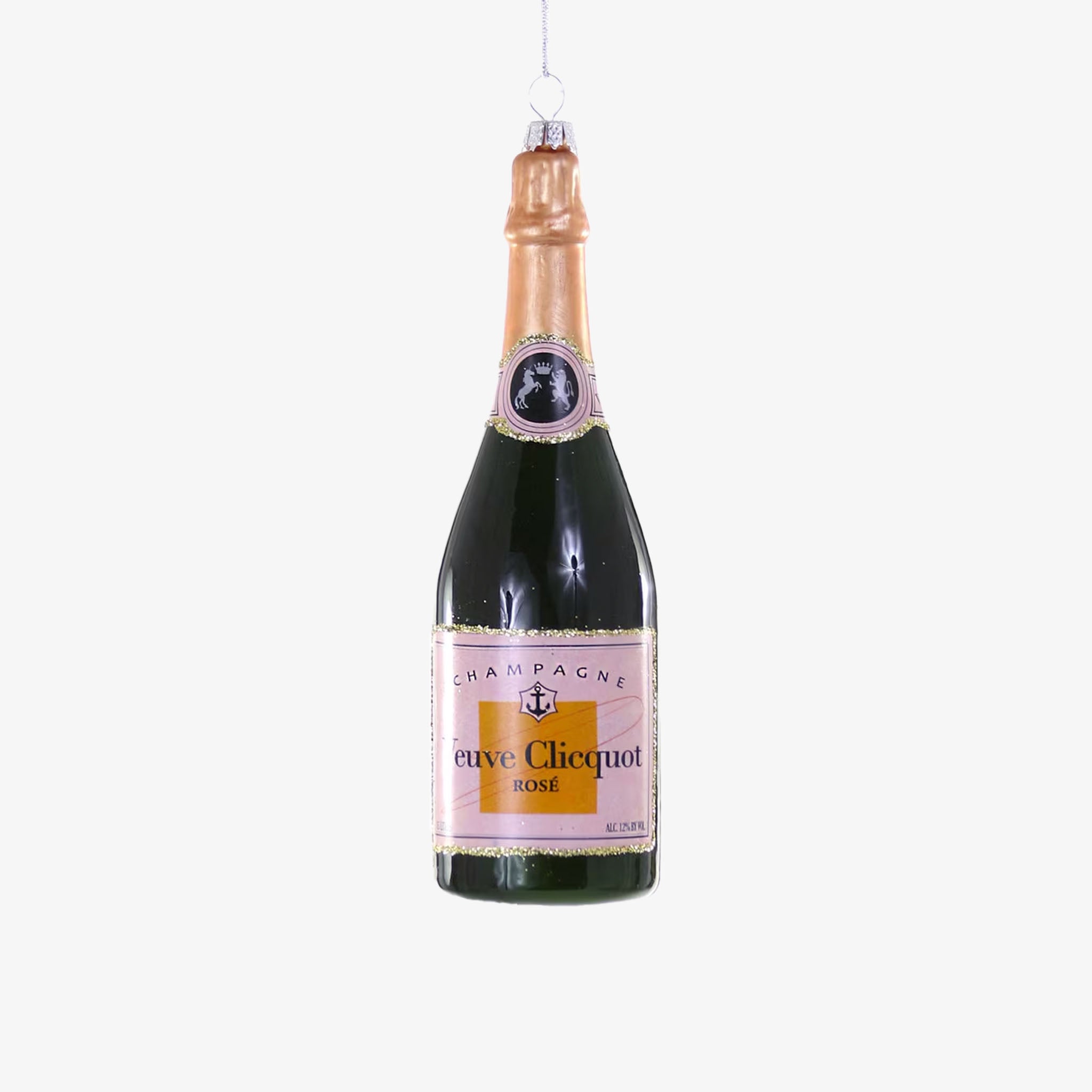 Veuve Clicquot pink champagne ornament on a white background