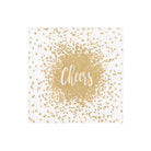A gold cocktail napkin with the word 'Cheers' in the center, surrounded by a confetti pattern.