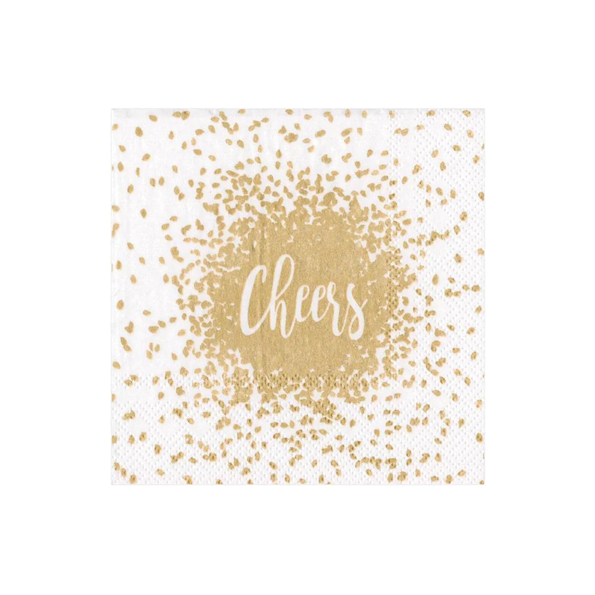 A gold cocktail napkin with the word 'Cheers' in the center, surrounded by a confetti pattern.