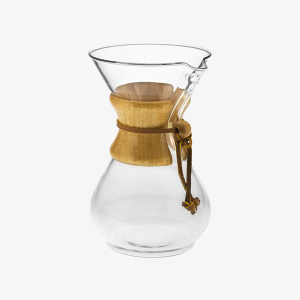 Chemex Six Cup Pour-Over Glass Coffee Maker on a white background
