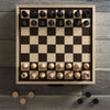 Wood chess set on a wood table 