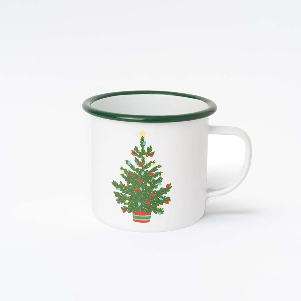 White Enamel mug with Christmas tree on front on a white background