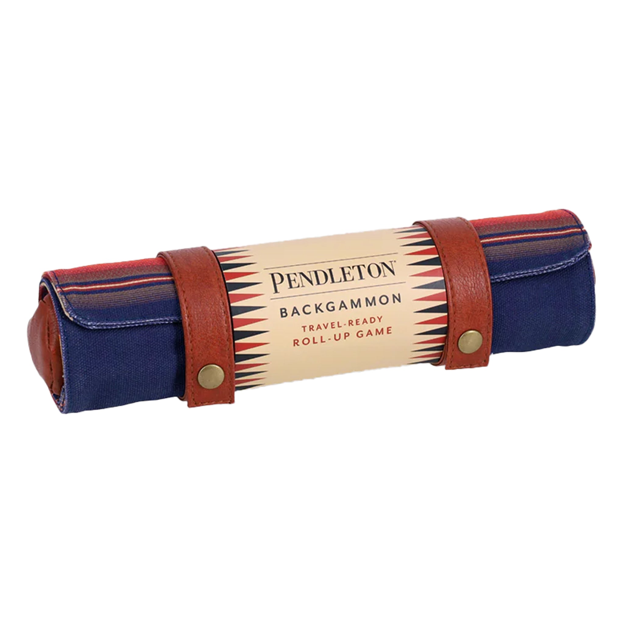 Pendleton brand travel backgammon set with leather straps and serape pattern case on a white background