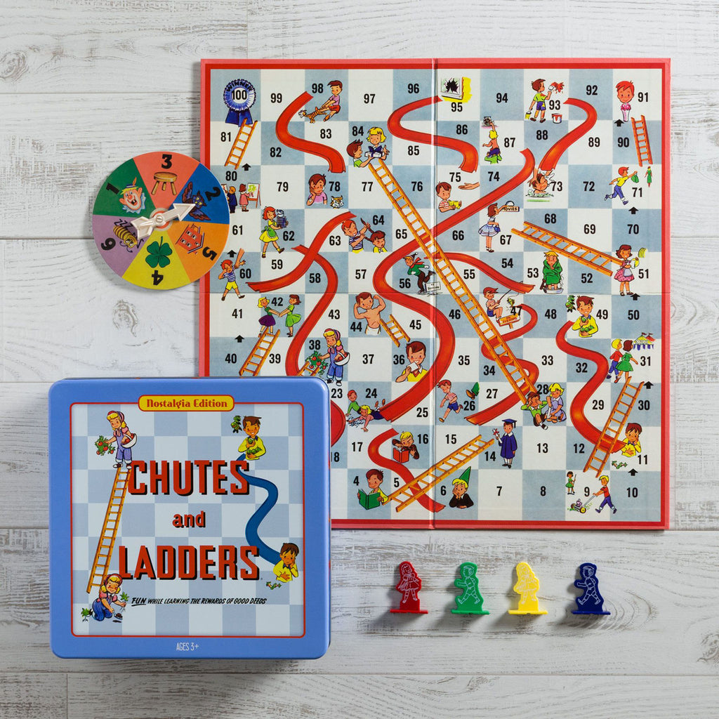 Retro version of chutes and ladders game in a blue tin box