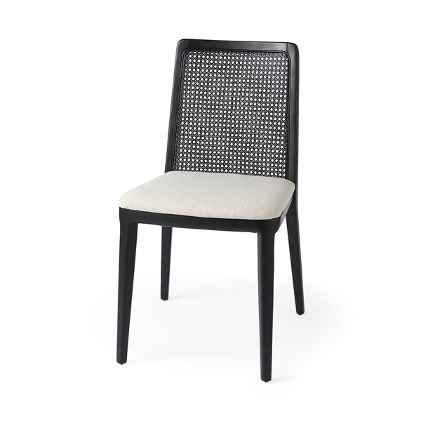 Black Wood with Cream Fabric Seat and Cane Back Dining Chair on a white background