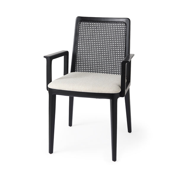 Black Wood with Cream Fabric Seat and Cane Back Dining Chair on a white background
