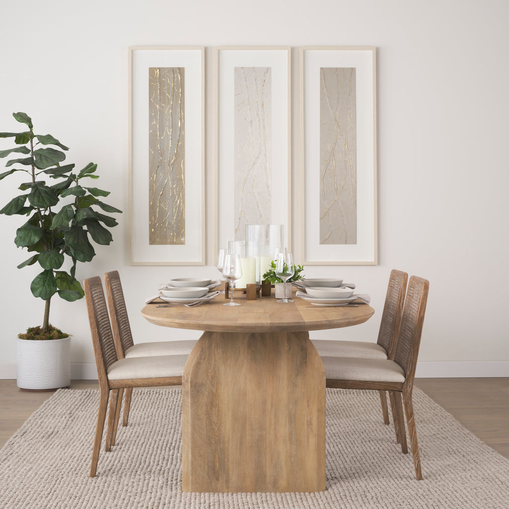 Clara Light Brown Wood W/ Cream Fabric Seat and Cane Back Armless Dining Chair in a light and airy dining room