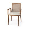 Light Brown Wood with Cream Fabric Seat and Cane Back Dining Chair on a white background
