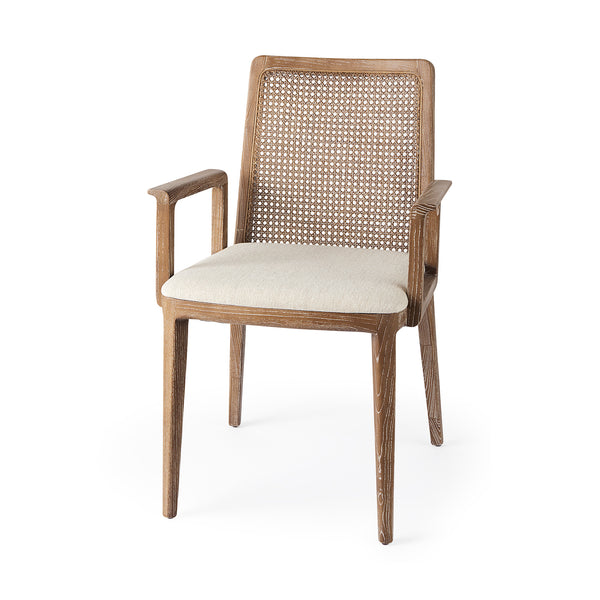 Light Brown Wood with Cream Fabric Seat and Cane Back Dining Chair on a white background