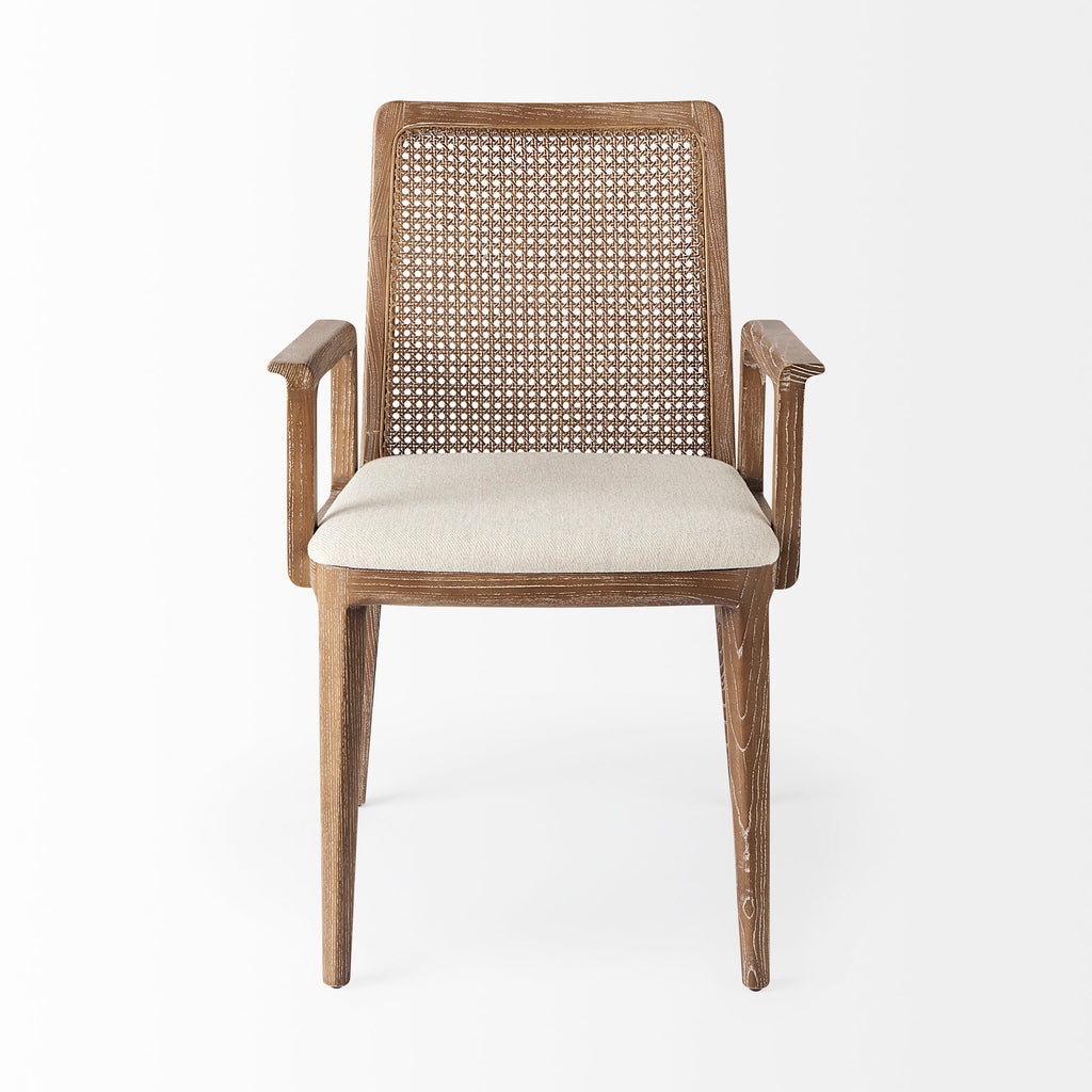 Clara Light Brown Wood W/ Cream Fabric Seat and Cane Back Dining Chair on a white background