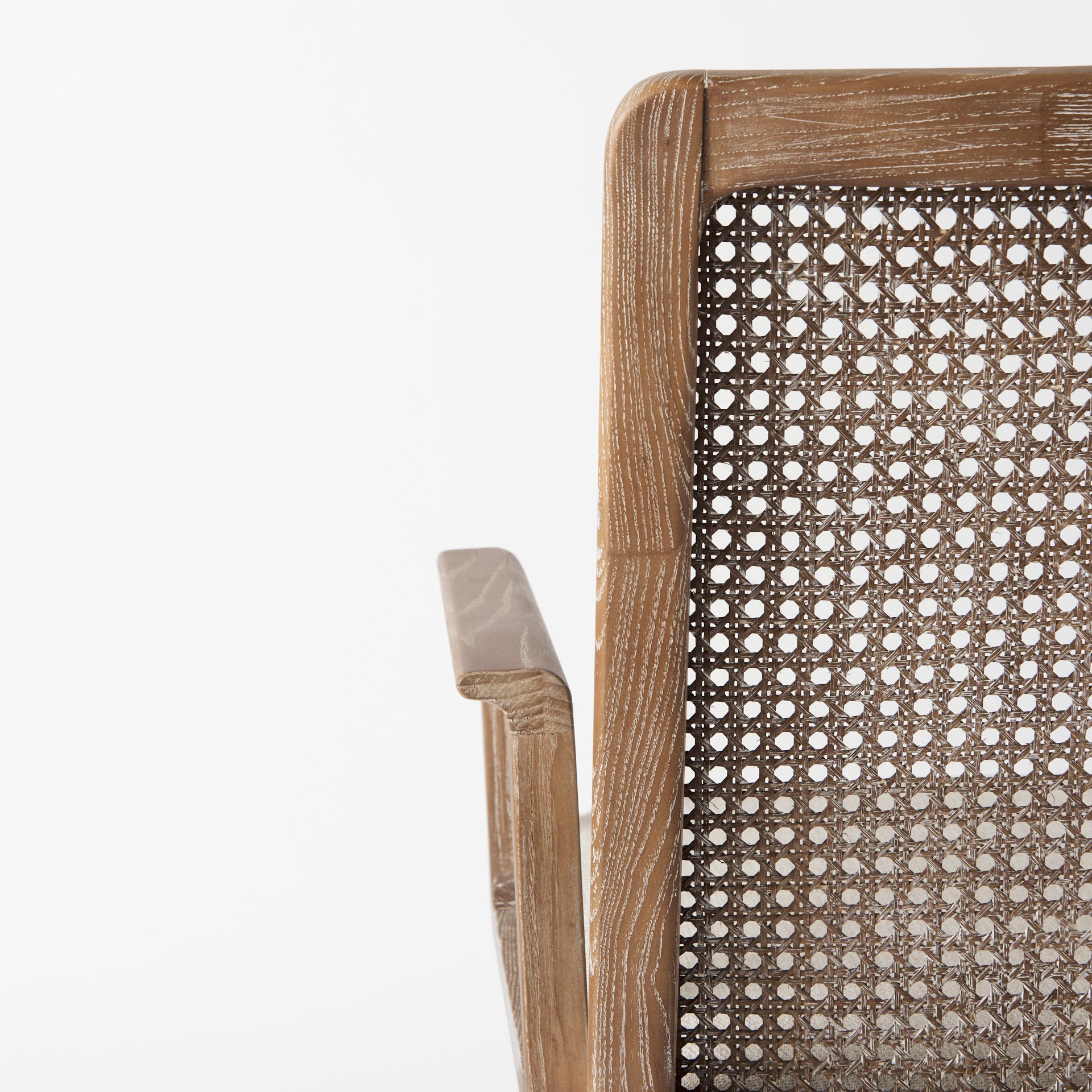Clara Light Brown Wood W/ Cream Fabric Seat and Cane Back Dining Chair on a white background