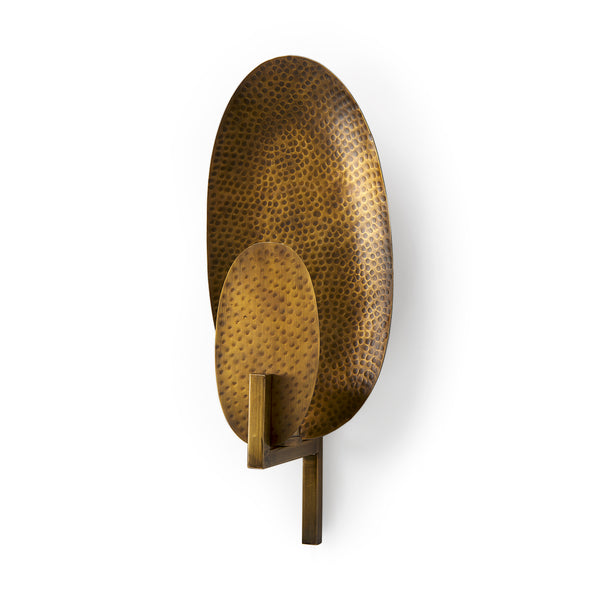 Mercana brand Clarence 17 inch high Metal Hammered Gold Round Wall Sconce on a white background