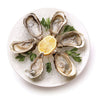 Six oysters on a white oysterdy plate with ice and lemon on a white background