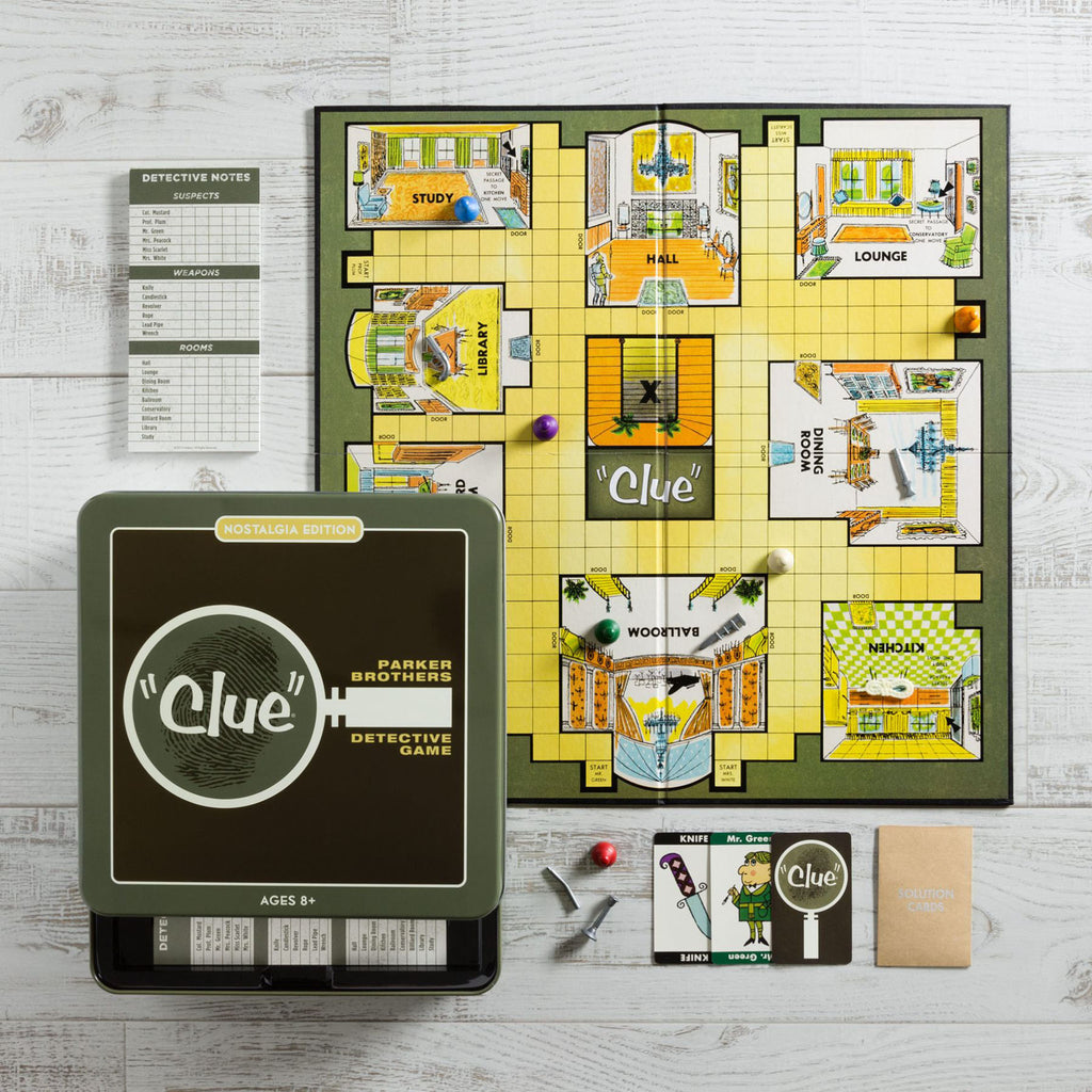 Retro style clue game on a wood surface