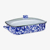 Golden Rabbit brand  blue and white Cobalt Swirl Enamelware Roasting Pan with glass lid on a white background