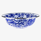 Golden Rabbit brand blue and white Cobalt Swirl Enamelware round serving bowl on a white background
