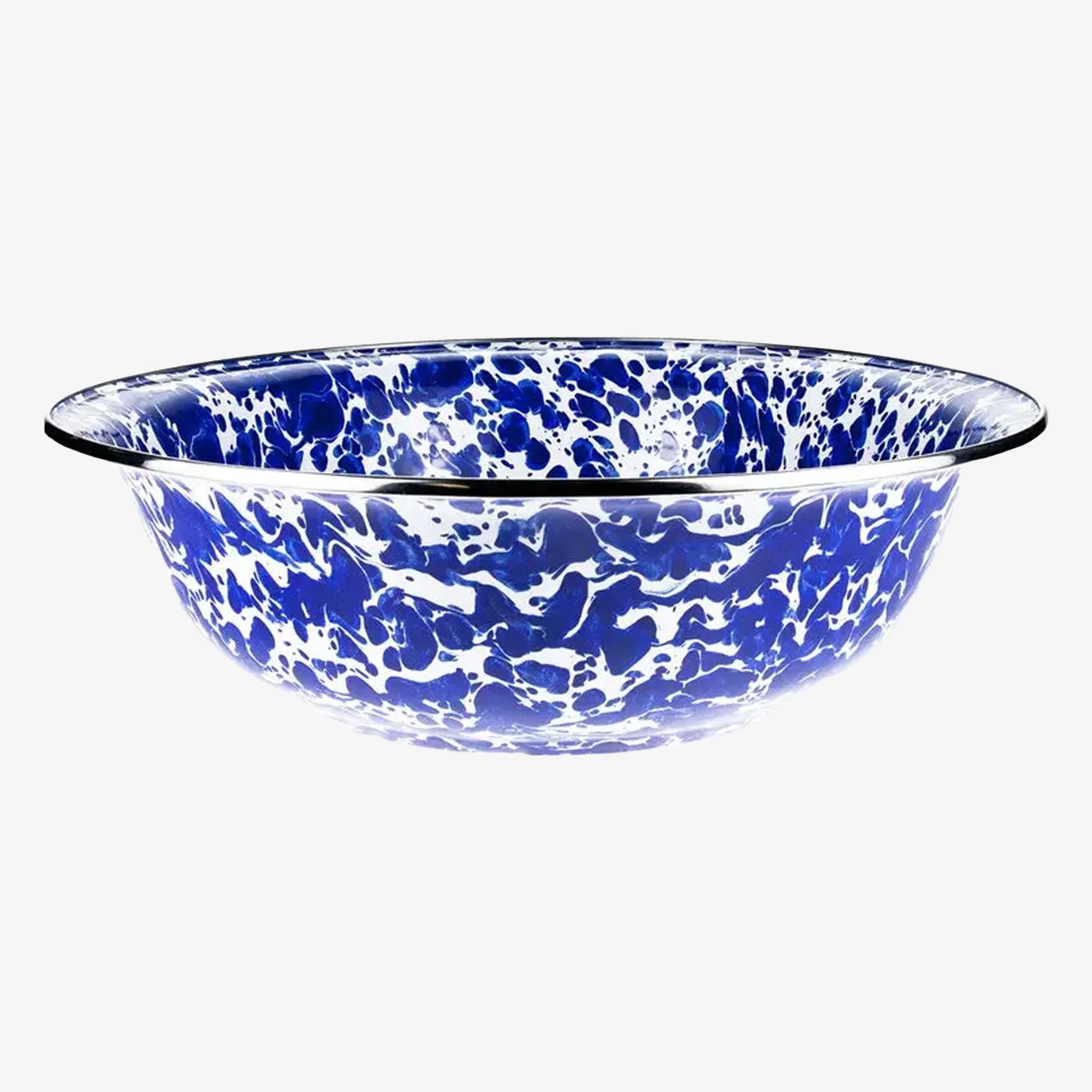 Golden Rabbit brand blue and white Cobalt Swirl Enamelware round serving bowl on a white background