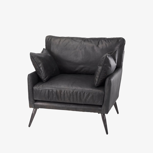 Mercana brand cochrane black leather chair with metal legs on a white background