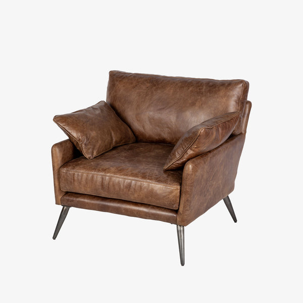 Mercana brand cochrane  brown leather chair with metal legs on a white background