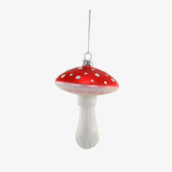 Red and white mushroom Christmas tree ornament by Cody Foster on white background