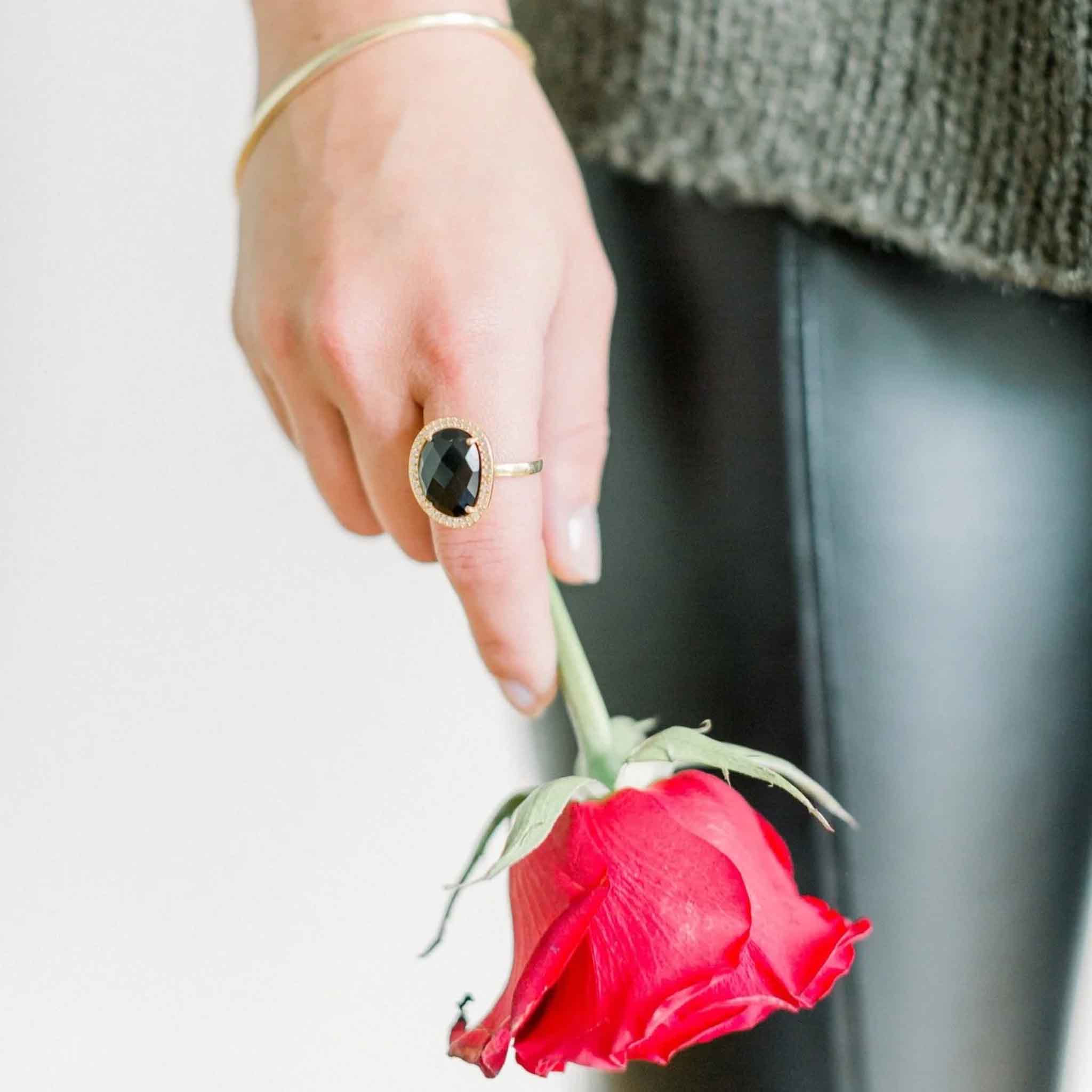 Elli Parr Cosmo Gold Pave Ring in Black Onyx on a model at Addison West