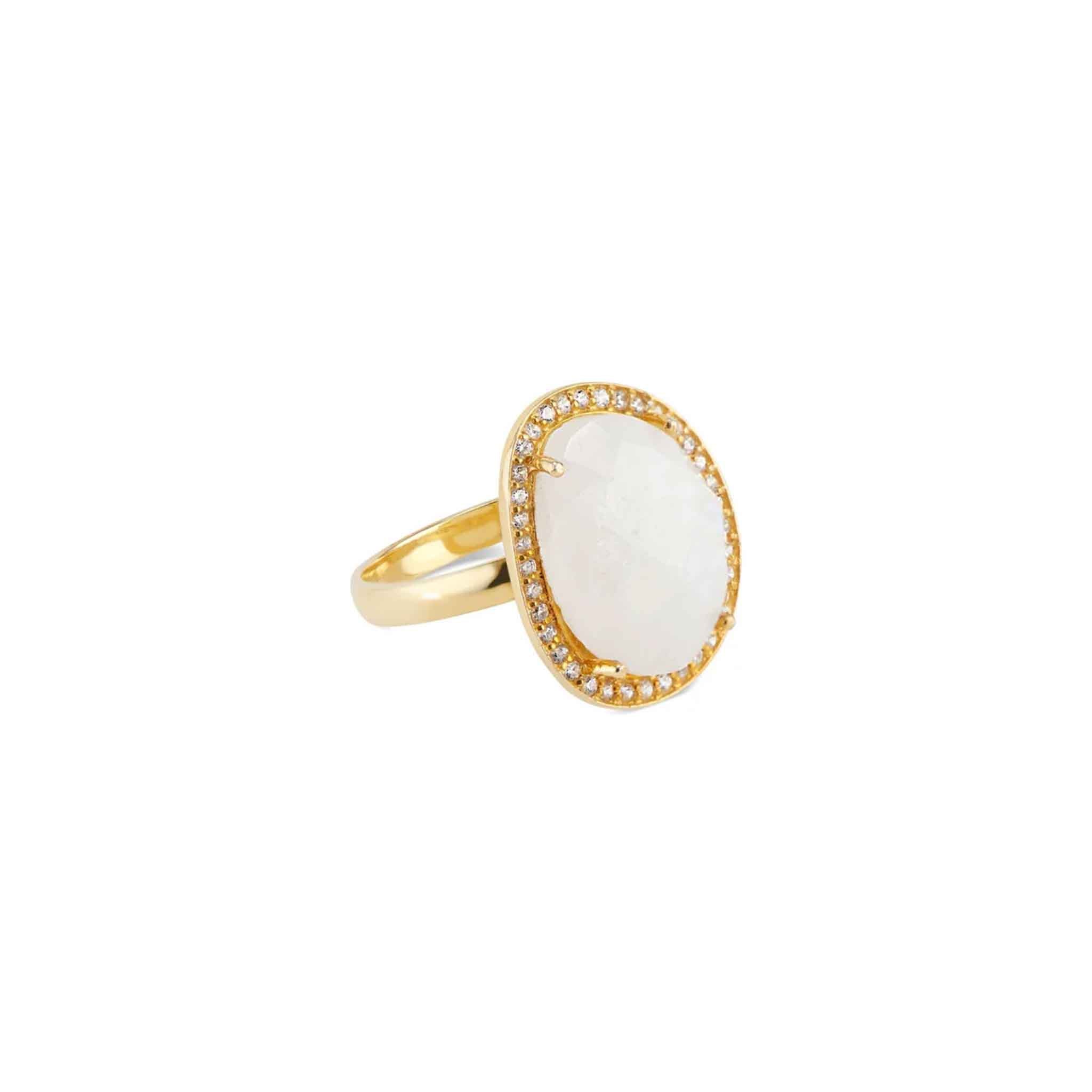 Elli Parr Cosmo Gold Pave Ring in Rainbow Moonstone on a white background at Addison West