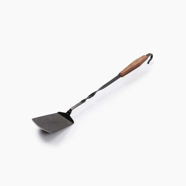Cast iron and wood Grill Spatula with twisted arm and hook for hanging