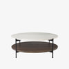 Round Marble Top Coffee Table with Dark Brown shelf and black iron frame on a white background