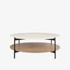 Round Coffee Table with marble top and Light Wood shelf and black iron frame and legs