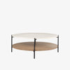 Round Coffee Table with marble top and Light Wood shelf and black iron frame and legs