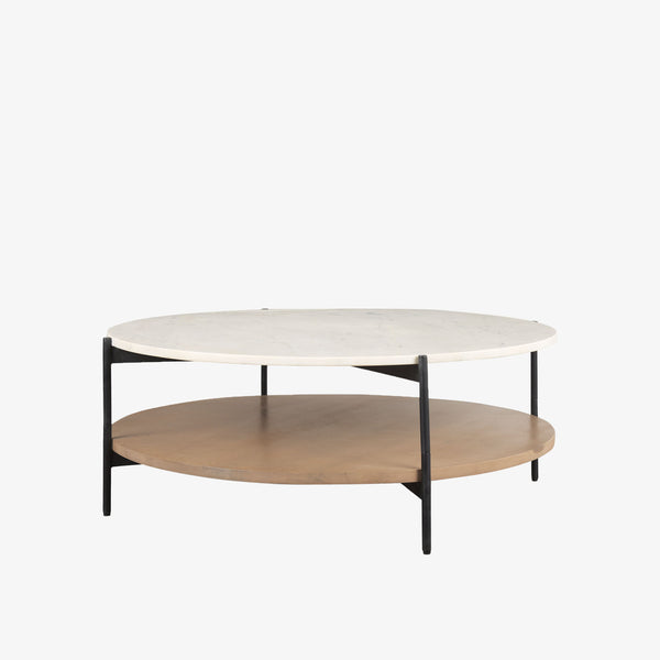 Round Coffee Table with marble top and Light Wood shelf and black iron frame and legs