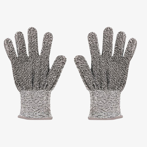 Pair of metal mesh gloves for shucking oysters on a white background