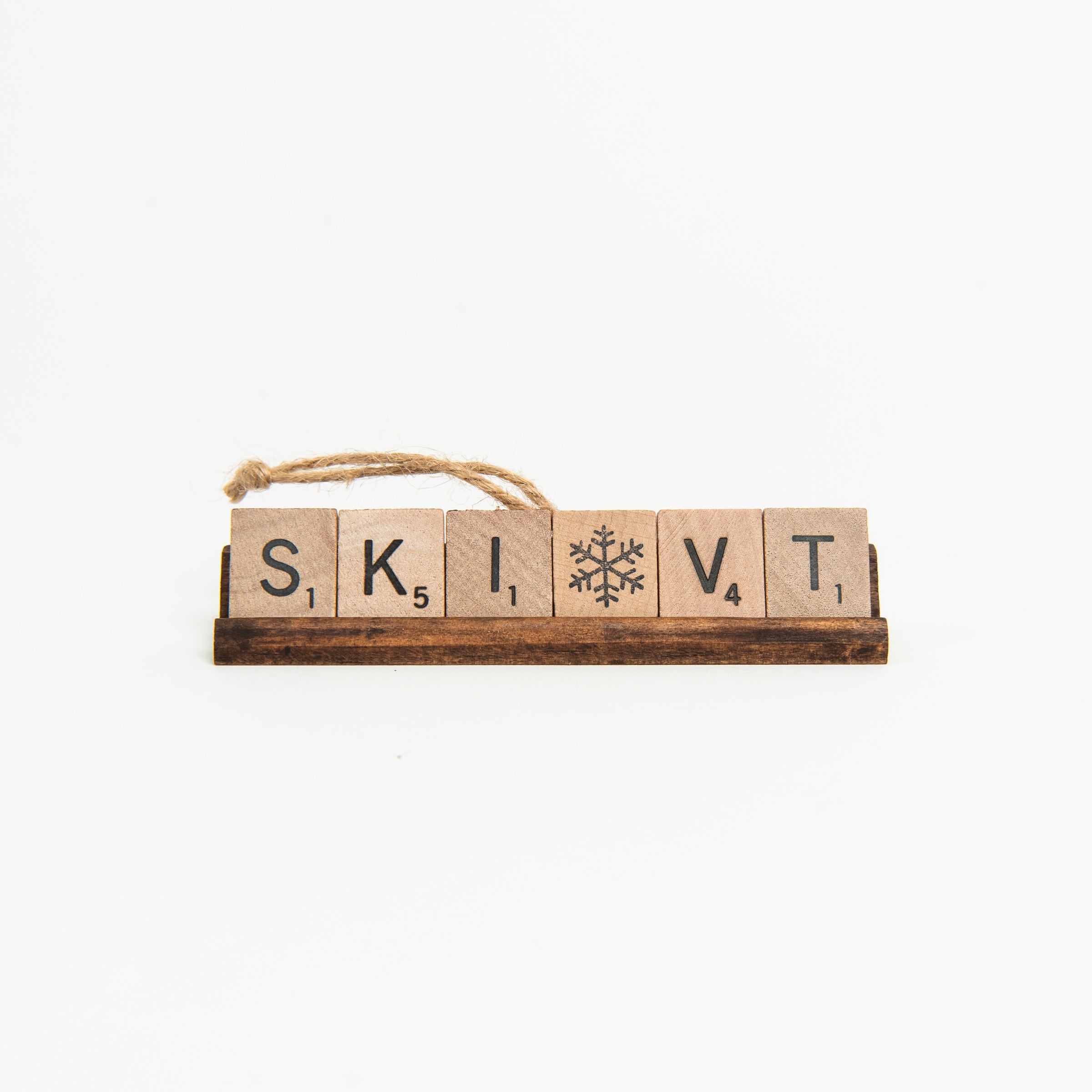 SKI VT Scrabble Ornament on a white background at Addison West