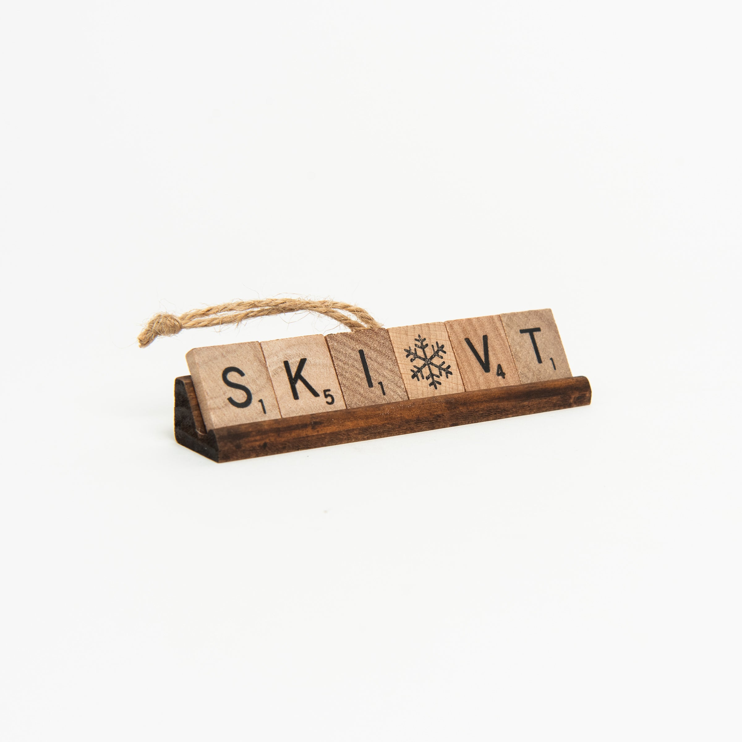 SKI VT Scrabble Ornament on a white background at Addison West
