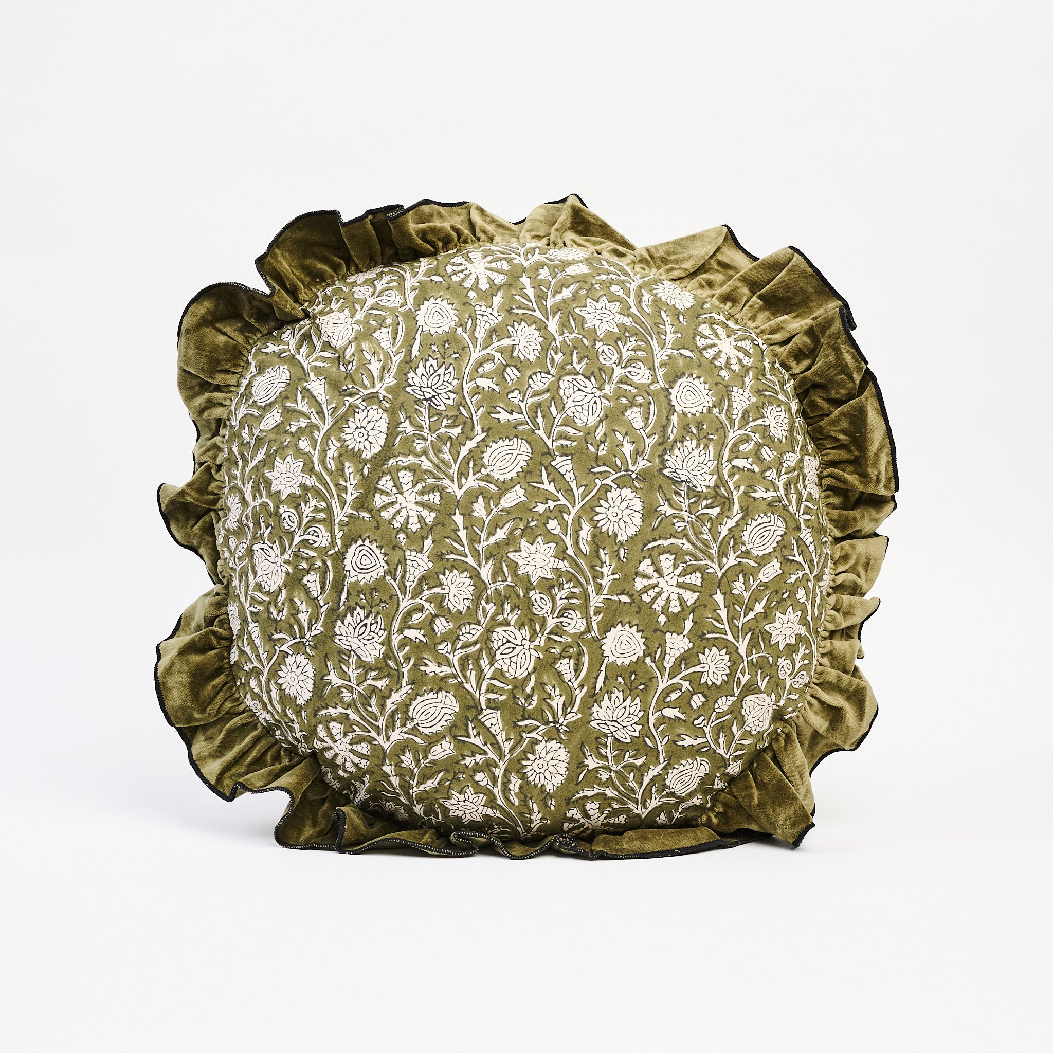 Vine Block Print Pillow with Ruffled Edge on a white background at Addison West