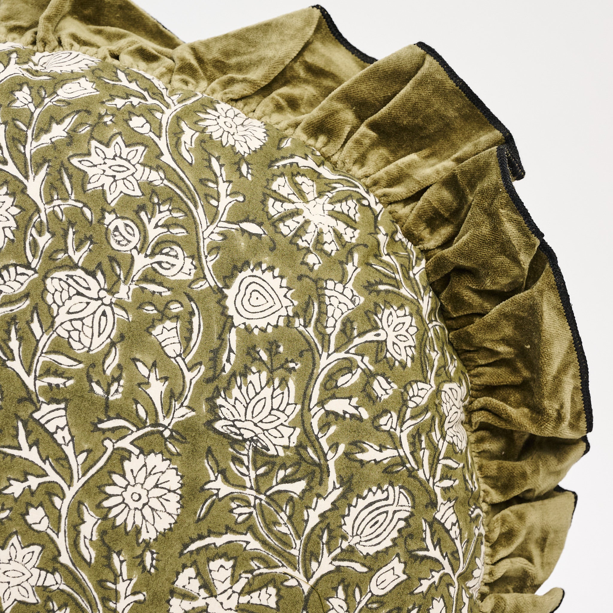Vine Block Print Pillow with Ruffled Edge on a white background at Addison West