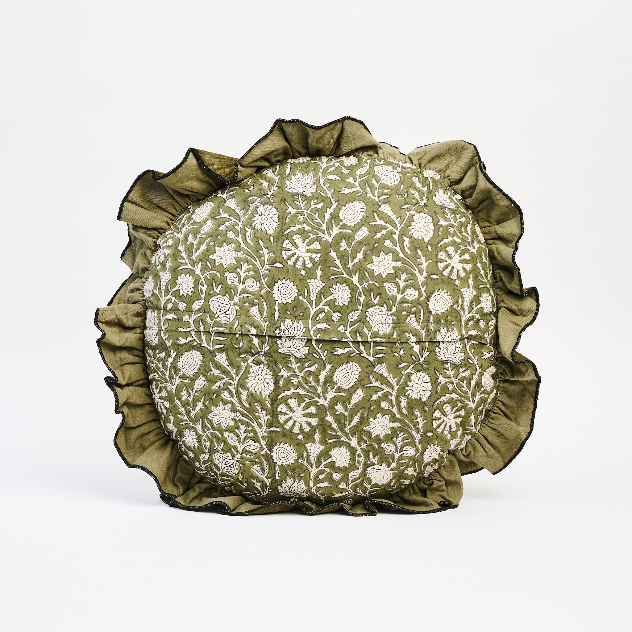Vine Block Print Pillow with Ruffled Edge on a white background at Addison West