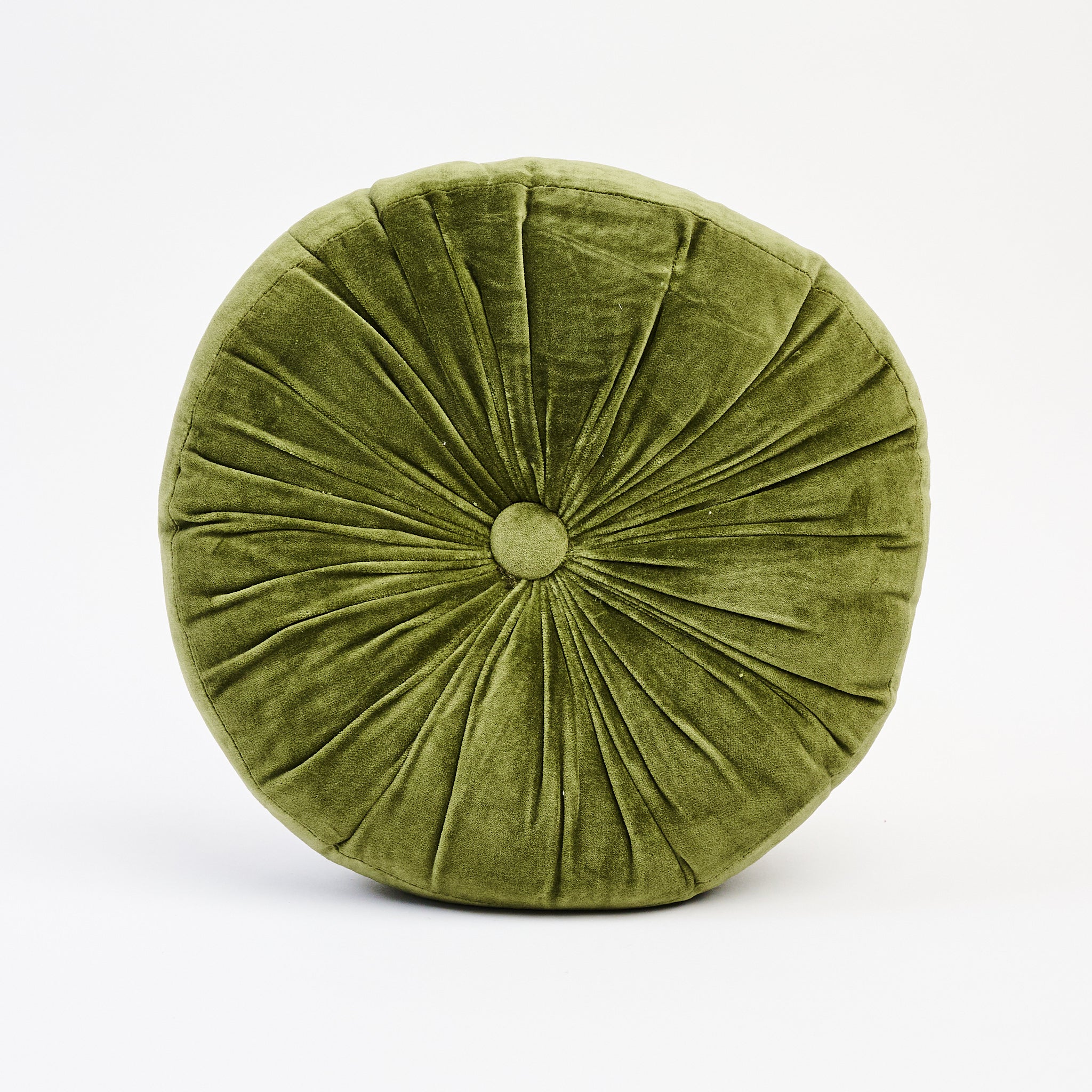 Velvet Tuft Round Cushion in Moss on a white background at Addison West
