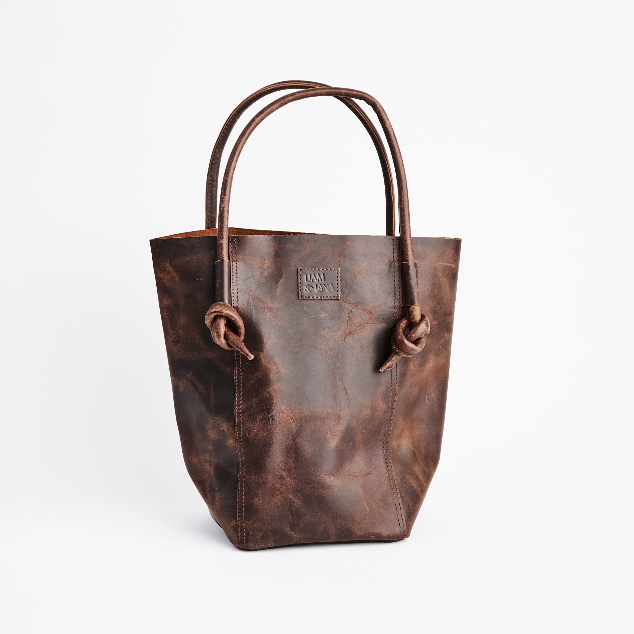 Elsie Leather Tote in Antique Brown on a white background at Addison West