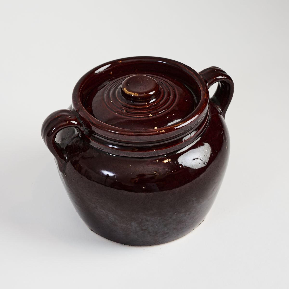 Vintage USA Stoneware Beanpot on a white background at Addison West
