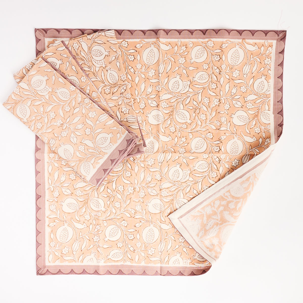 Pomegranate Clay Block Print Napkins, Set of 4 on a white background at Addison West